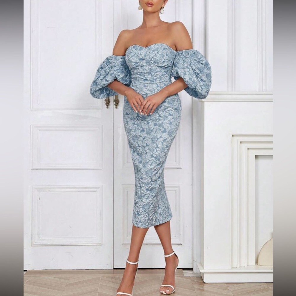 Luxe dusty blue floral jacquard off shoulder party formal evening dress